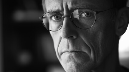 Close-up black and white portrait of an elderly man with glasses, showing a serious and introspective expression.