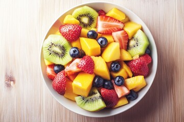 Bowl of healthy fresh fruit salad on wooden background. Top view.