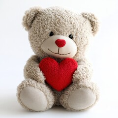 A fluffy brown teddy bear sits isolated, holding a red heart, a cuddly gift of childhood love