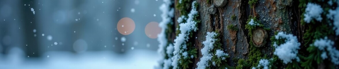 Glaze ice forming on tree trunk during freezing rain, cold snap, snowflakes