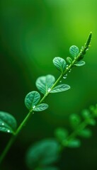 Glistening droplets cling to slender verdant foliage, abstract, botanical, leafy greens