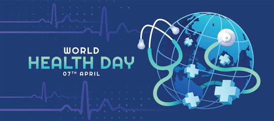 World health day - Stethoscope roll cross circle globe world and 3d cross sign around on dark blue background with heart wave texture vector design
