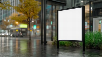Blank advertisement display in busy urban street on rainy day