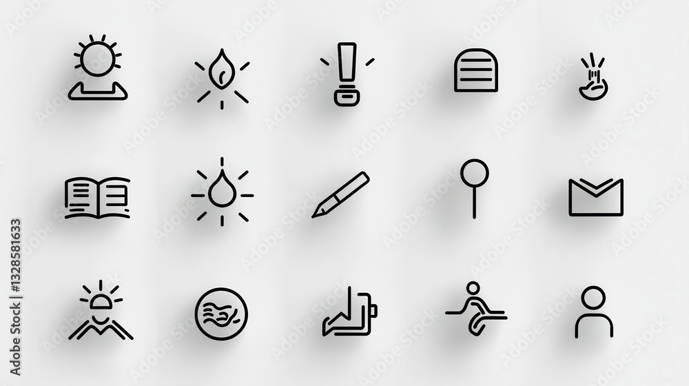 Poster this image depicts a collection of 15 unique icons that symbolize the concepts of mindful thinking f