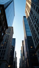Looking up at towering Chicago skyline from street level POV, buildings, architecture, viewpoint