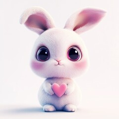 Adorable cartoon rabbit holding a heart shape with soft fluffy fur