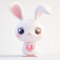 A cute animated white bunny holding a pink heart symbol