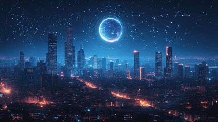 Futuristic cityscape at night with digital connections and a large moon.