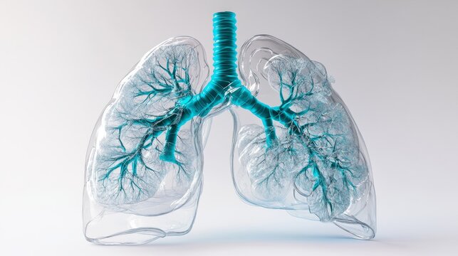 Advanced medical diagram of pulmonary system, luminous turquoise lung detail, delicate alveolar structures, transparent anatomical overlay, precise respiratory tract detail, subtle blue gradient