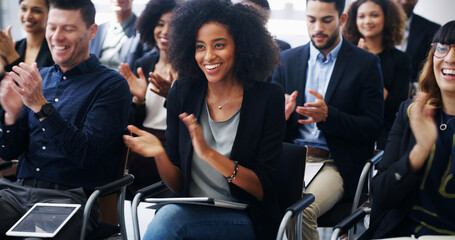 Business woman, group and applause at conference for corporate event, smile with support and praise. Audience, team and professional people clapping for seminar success, congratulations or cheers