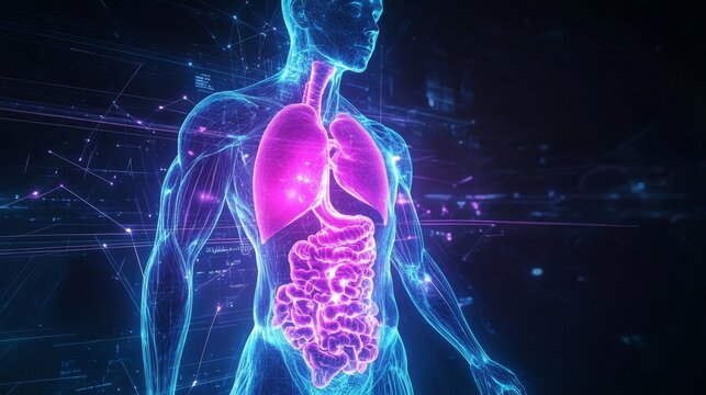 advanced medical hologram of human anatomy, crystalline blue transparent body scan, detailed pancreatic system glowing in bright pink, scientific visualization style, pitch black environment,