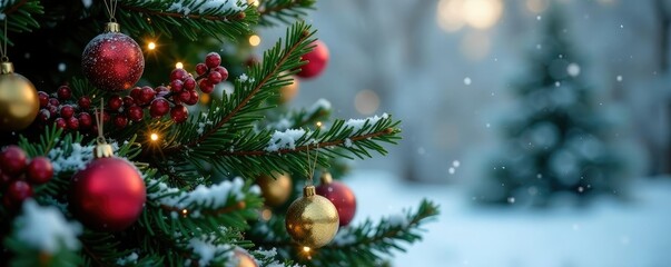 Fototapeta premium Ornate Christmas tree branch with sparkling garlands and berries, holly, snowy scene