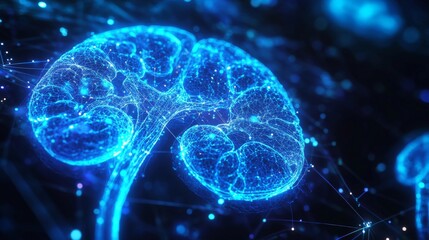 Anatomical kidney projection, luminous coral organ hologram, crystalline medical visualization, ethereal blue surgical interface, floating geometric patterns, advanced healthcare aesthetic, soft