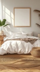 Bright sunlight streams into a minimalist bedroom featuring a white duvet, beige rug, and wooden accents. A blank canvas adds a clean aesthetic.