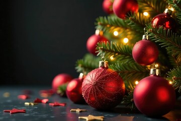 Ornate red glass baubles scattered around a golden Christmas tree, ornaments, red, decoration