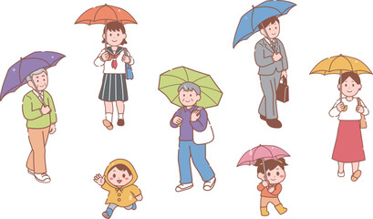 雨の日に傘をさして外出する人物イラストセット