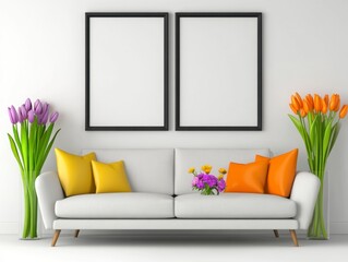 White couch with orange and yellow pillows, two black framed posters, and purple and orange tulips in glass vases. Bright, minimalist interior design.