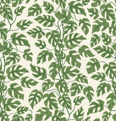 Seamless botanical pattern with vertical leafy vines. Modern design with monstera leaves. Green.