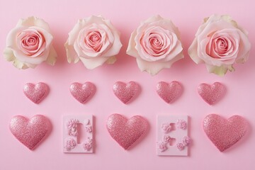 Pink roses and glitter hearts arranged elegantly on a pastel pink background, creating a romantic and feminine ambiance.
