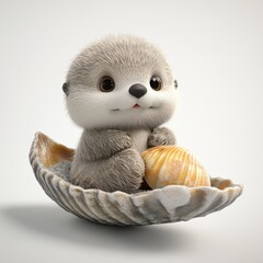 Fototapeta premium A cute cartoon otter sitting inside a giant seashell