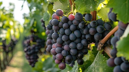 Fototapeta premium Ripe Red Grapes Hanging in Vineyard.