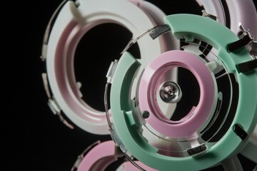interlocking Spiral Shapes with Metal Beams and Glossy Plastic Devices in Green, Pink, and White on a Black Background