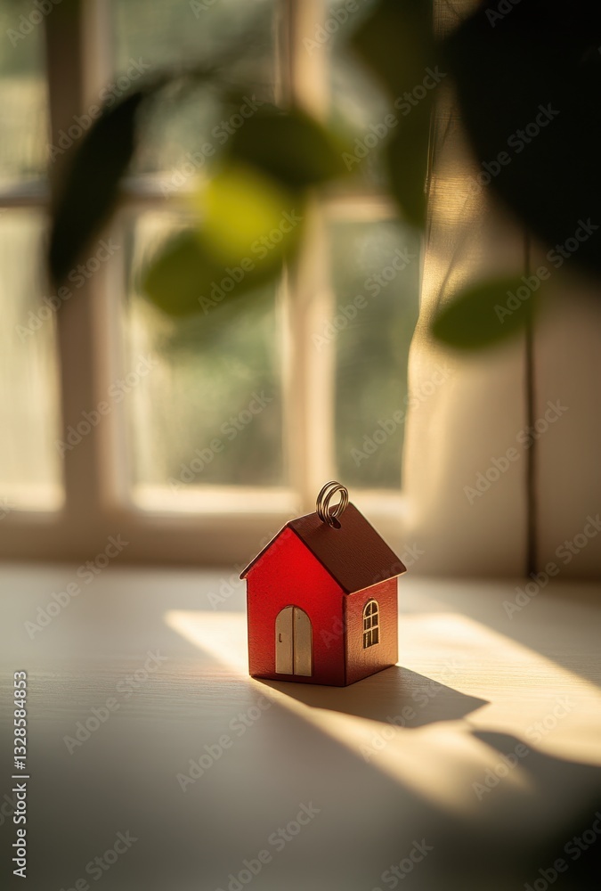 Poster charming red house keychain on table with soft natural light filtering through window, ideal for rea