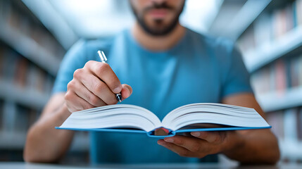 Student engaging in note-taking while reading in library educational environment focused atmosphere academic pursuit close-up view for enhanced learning