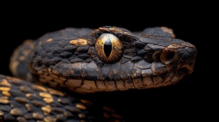 Fototapeta premium Close-up of a scaly viper snake with striking golden eyes in dark setting