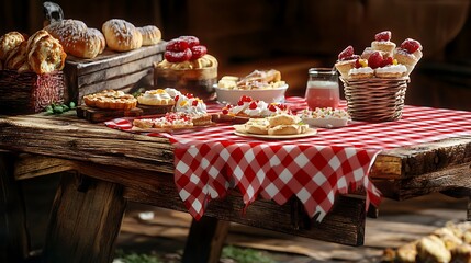 A rustic wooden picnic table covered with a red checkered cloth and summer treats