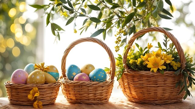	
Simbologia della Pasqua: uova decorate, rami di ulivo e croce della passione di Cristo	