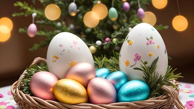 	
Simbologia della Pasqua: uova decorate, rami di ulivo e croce della passione di Cristo	