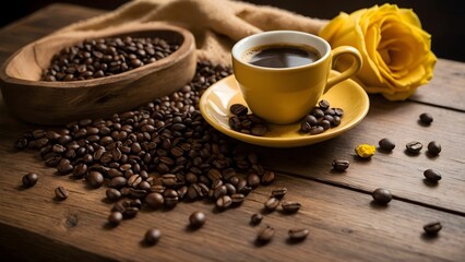 Delicious coffee served in a yellow cup with roasted beans and a fresh rose on a rustic wooden table during morning sunlight Generative AI
