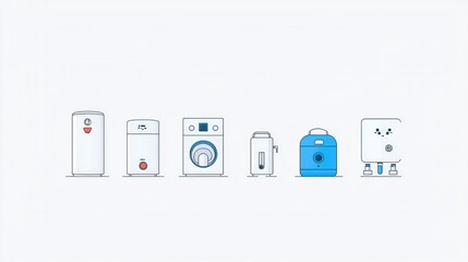 A collection of simple and stylized icons representing various household appliances and utilities including a refrigerator washing heater and HVAC system displayed in a clean and minimalist design