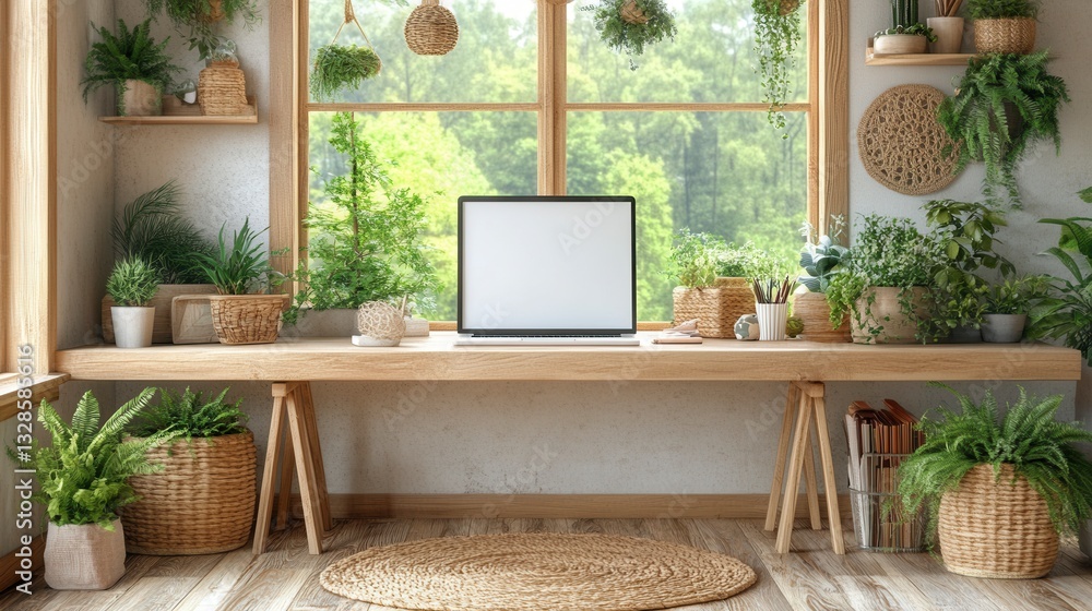 Poster rustic home office workspace with a blank computer screen, surrounded by various plants and natural 