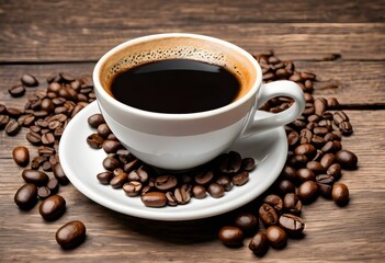 Fototapeta premium Freshly brewed coffee served in a white cup surrounded by dark roasted coffee beans on a wooden table Generative AI