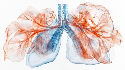 Digital anatomical study of lungs, crystalline azure respiratory structures, detailed airway pathways, ghosted anatomical overlay, precise medical line work, subtle gradient shading, floating