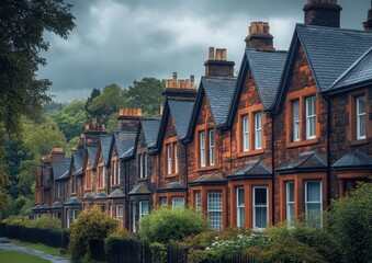 Fototapeta premium Charming row of traditional brick houses under a moody sky with greenery surrounding the neighborhood in a serene and historic residential area