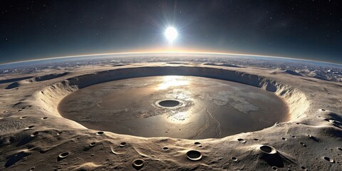 A Celestial Body's Crater Lake at Sunrise A View of a Planetary Surface Featuring a Large Impact Crater Filled with Water, Showing a Sun Rising Over the Horizon