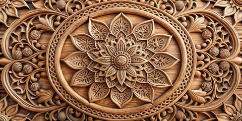 Obraz premium Intricate Wooden Panel Featuring a Central Floral Mandala Design with Elaborate Ornamental Accents