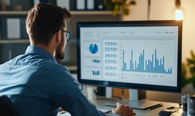 Man analyzing data on computer screen with colorful bar charts.