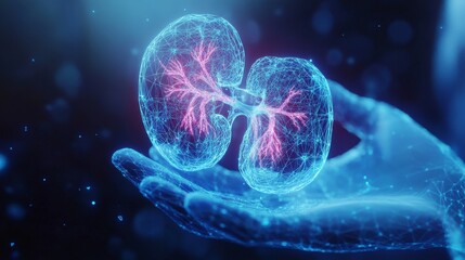 Holographic kidney visualization, glowing geometric anatomy, floating above luminous blue medical glove, ethereal misty background, digital health interface, soft coral organ projection, crystalline