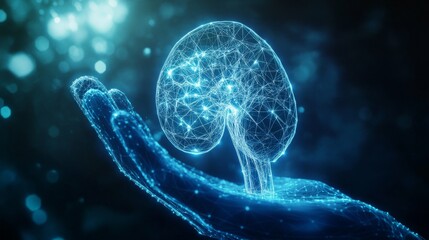 Holographic kidney visualization, glowing geometric anatomy, floating above luminous blue medical glove, ethereal misty background, digital health interface, soft coral organ projection, crystalline