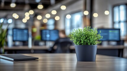 Modern office workspace with focus on potted plant and blurred screens