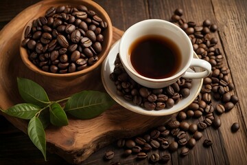 Fototapeta premium Warm cup of coffee resting on a wooden table surrounded by roasted beans and fresh leaves, showcasing a cozy morning atmosphere and the joy of brewing Generative AI