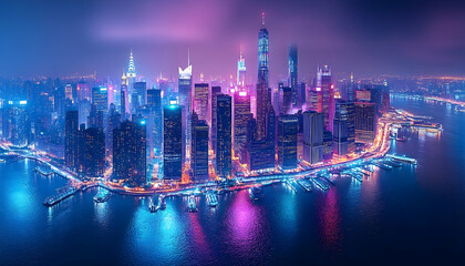 Vibrant cityscape illuminated with neon hues at night, captivating urban panorama