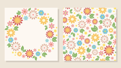Cute floral round wreath and seamless pattern. Botanical set of floral border and background in one style. Spring flowers in circle frame. Wildflowers and foliage print. Vector graphic