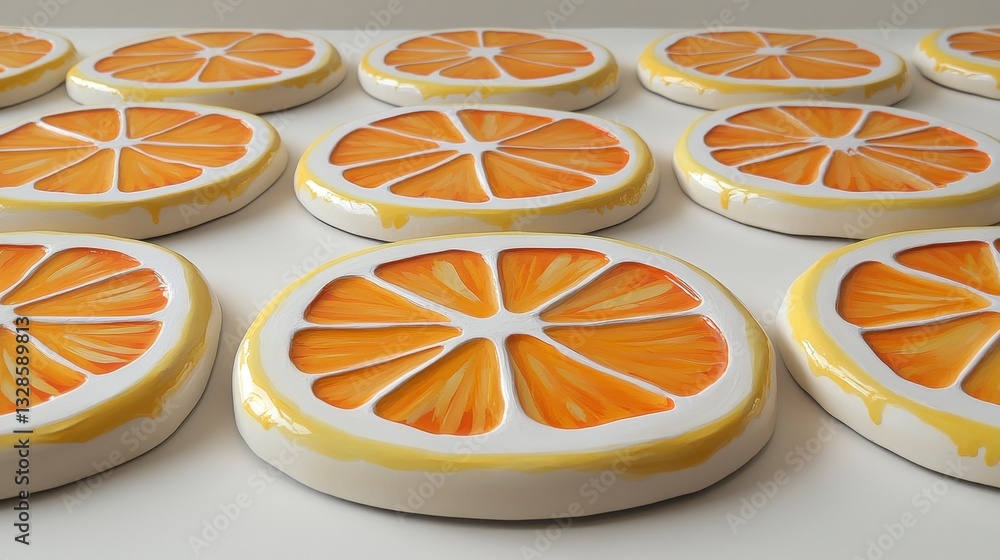 Poster a close up shot of multiple ceramic orange slices arranged in rows on a white surface. each slice fe