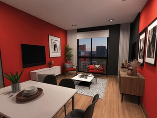 Fototapeta premium Modern apartment living room with red wall, city view.