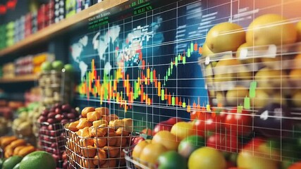 Colorful grocery store display with fresh fruits and vegetables, financial data overlay in background - Powered by Adobe